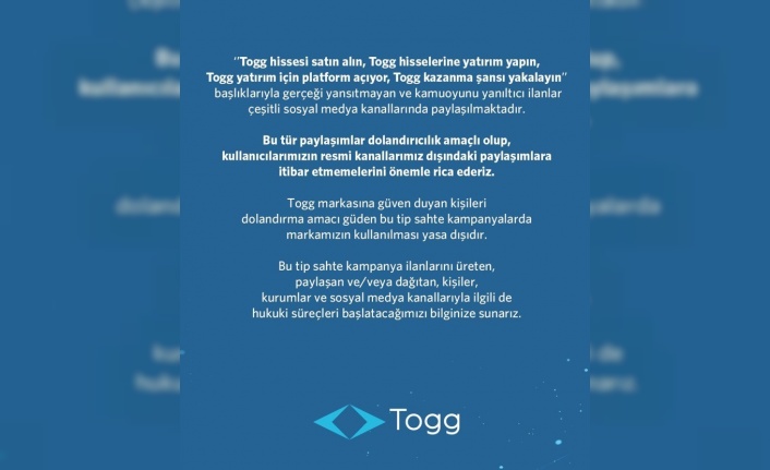 Togg’dan dolandırıcılık uyarısı