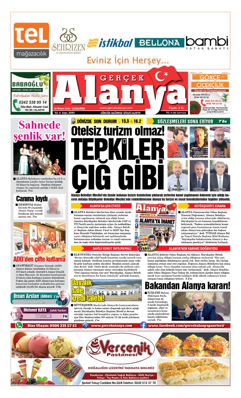 Gerçek Alanya Gazetesi - 18.05.2022 Manşeti