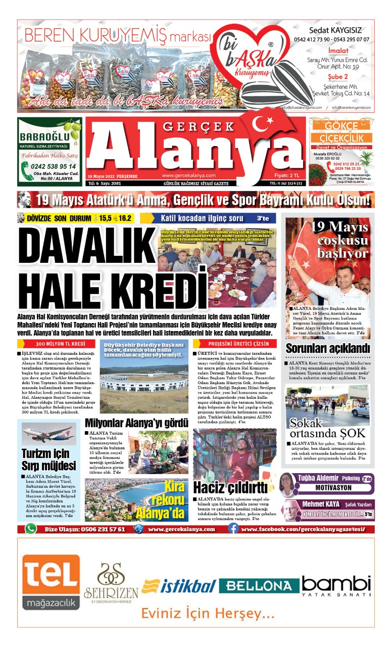 Gerçek Alanya Gazetesi - 19.05.2022 Manşeti