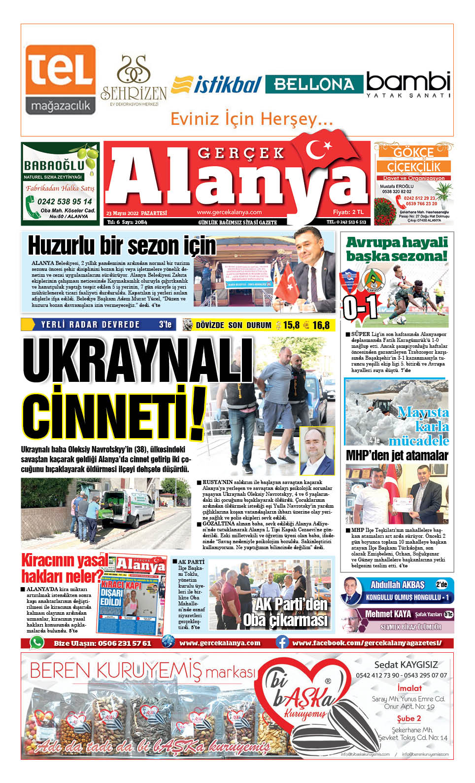 Gerçek Alanya Gazetesi - 23.05.2022 Manşeti