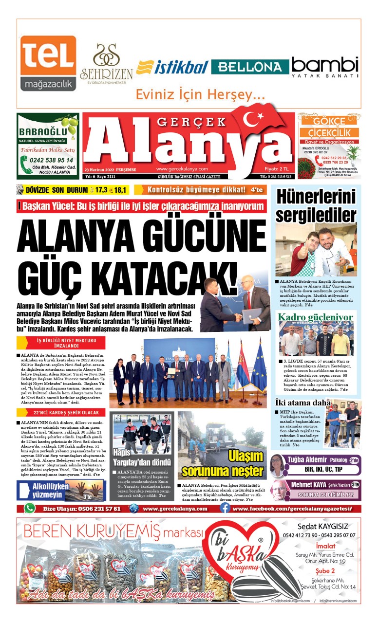 Gerçek Alanya Gazetesi - 23.06.2022 Manşeti