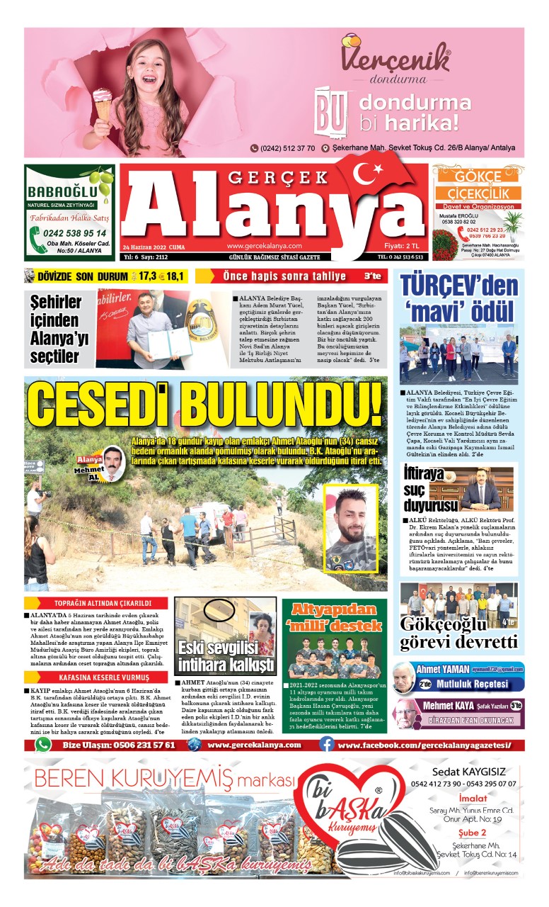 Gerçek Alanya Gazetesi - 24.06.2022 Manşeti