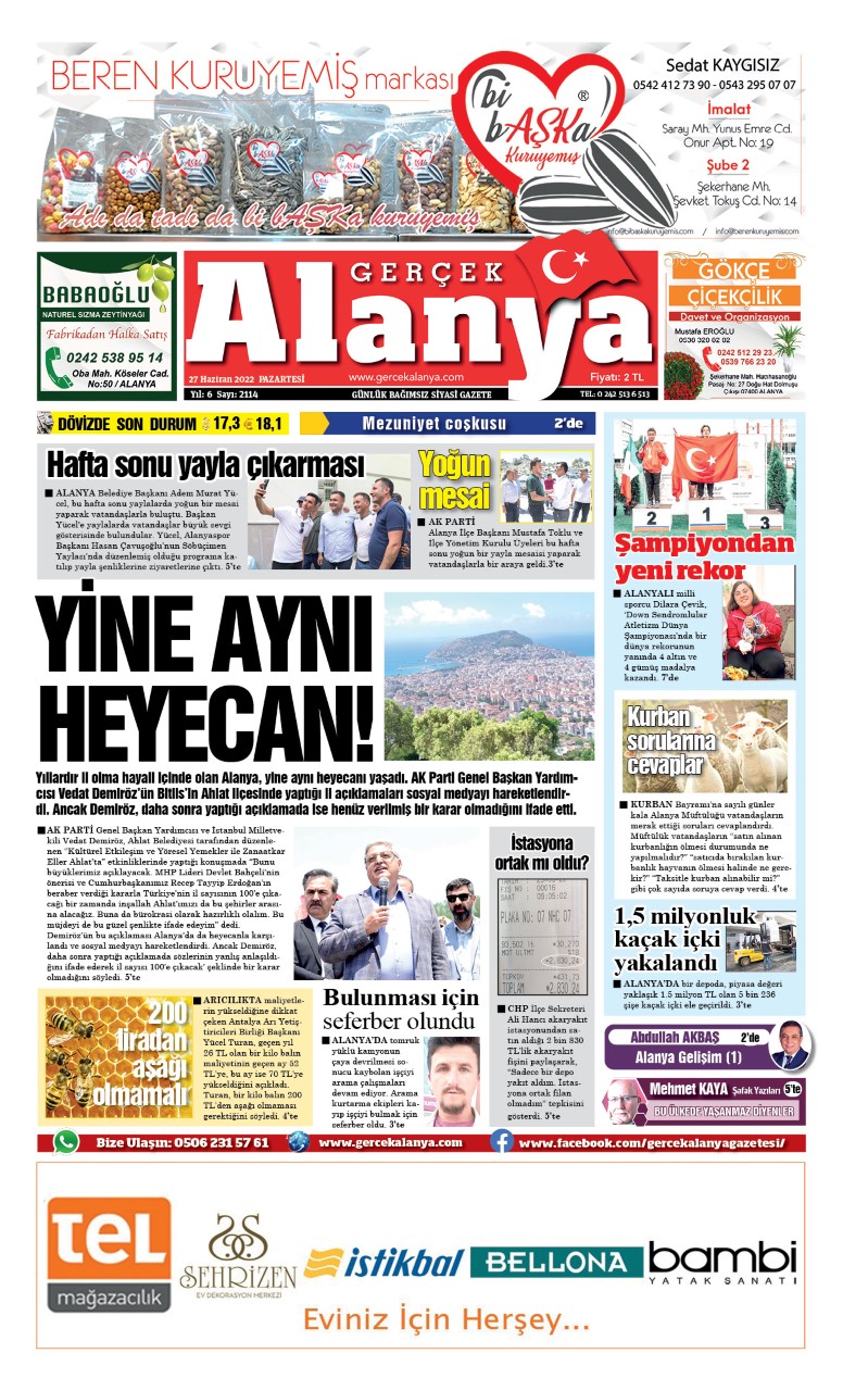 Gerçek Alanya Gazetesi - 27.06.2022 Manşeti
