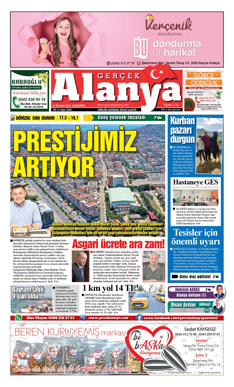 Gerçek Alanya Gazetesi - 29.06.2022 Manşeti