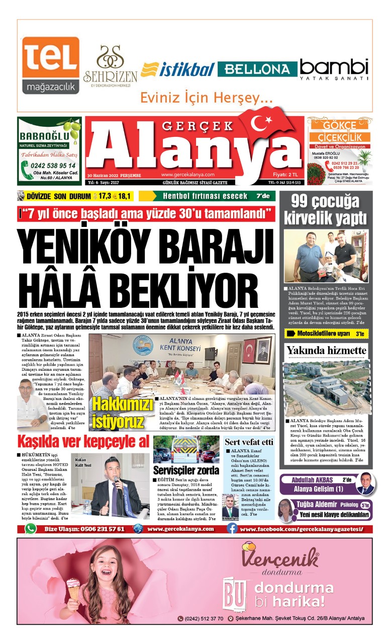 Gerçek Alanya Gazetesi - 30.06.2022 Manşeti