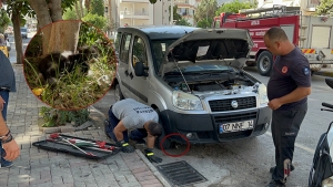 Alanya’da aracın motoruna sıkışan kediyi itfaiye kurtardı